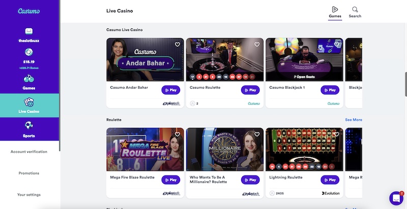 Casumo Live Casino Page