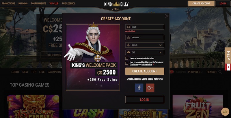 King Billy Sign Up Page