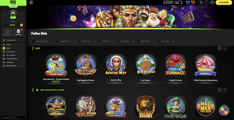 888 Casino Slots Menu